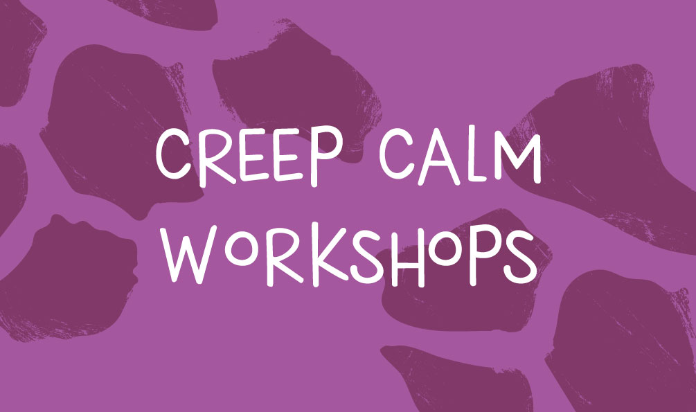 purple creep calm workshops graphic with giraffe pattern