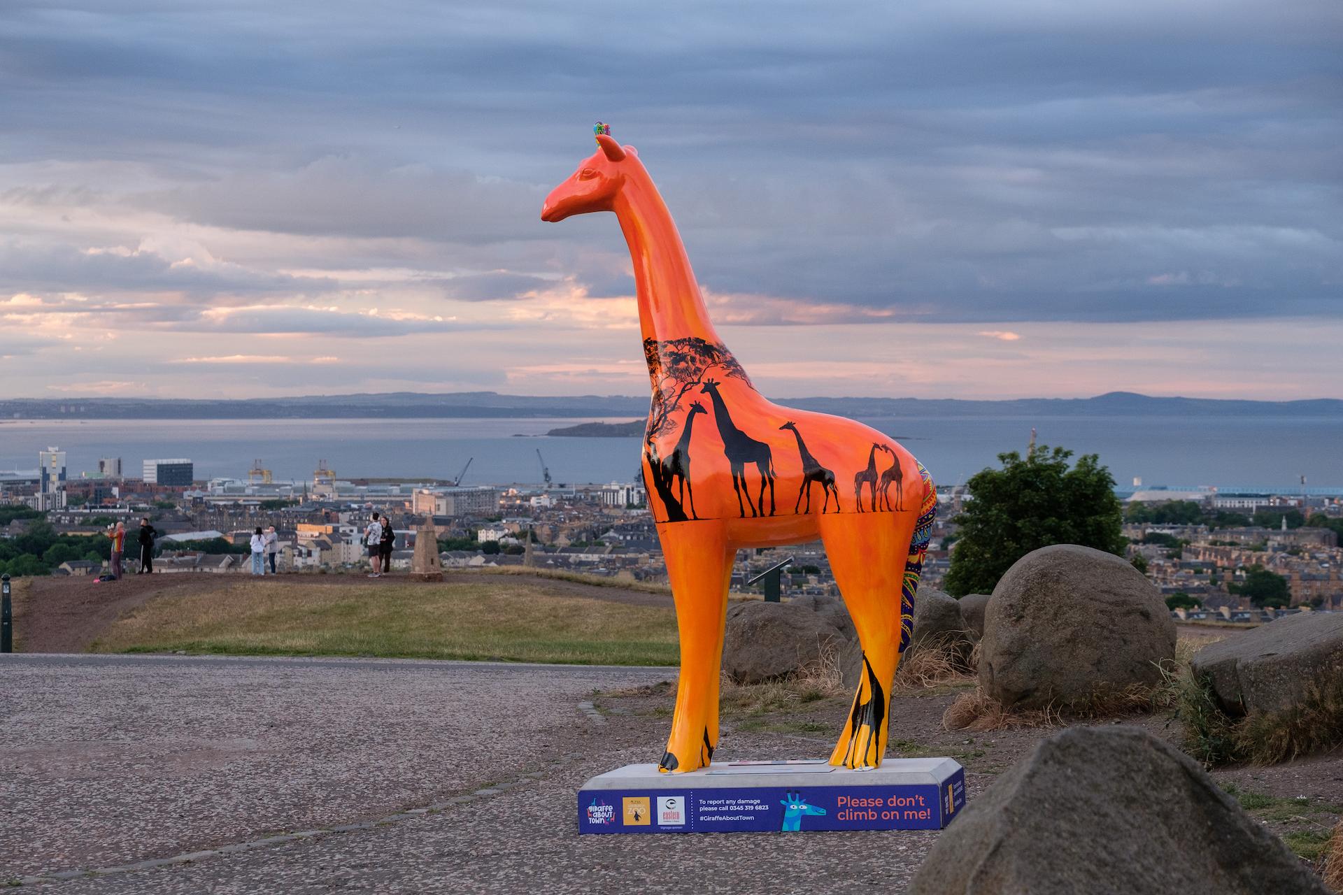 Giraffe about town statue, orange with black silhouette giraffes, with cityscape behind