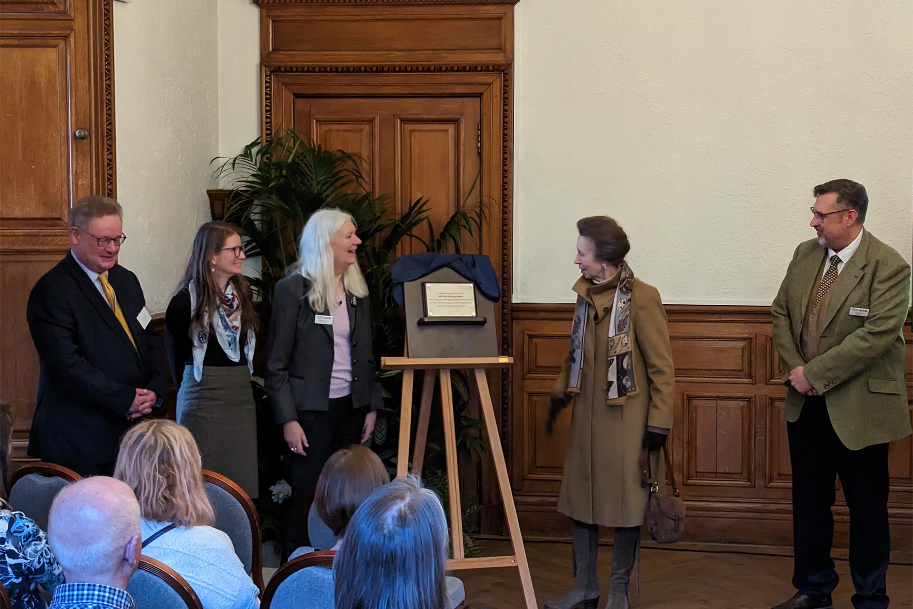 HRH The Princess Royal unveiling RZSS WildGenes plaque in mansion house with CEO David Field, Chair Mary Bownes, Head of conservation and science programmes Helen Senn and Hamish Torrie, Glenmorangie

Image: RHIORDAN LANGAN-FORTUNE 2023