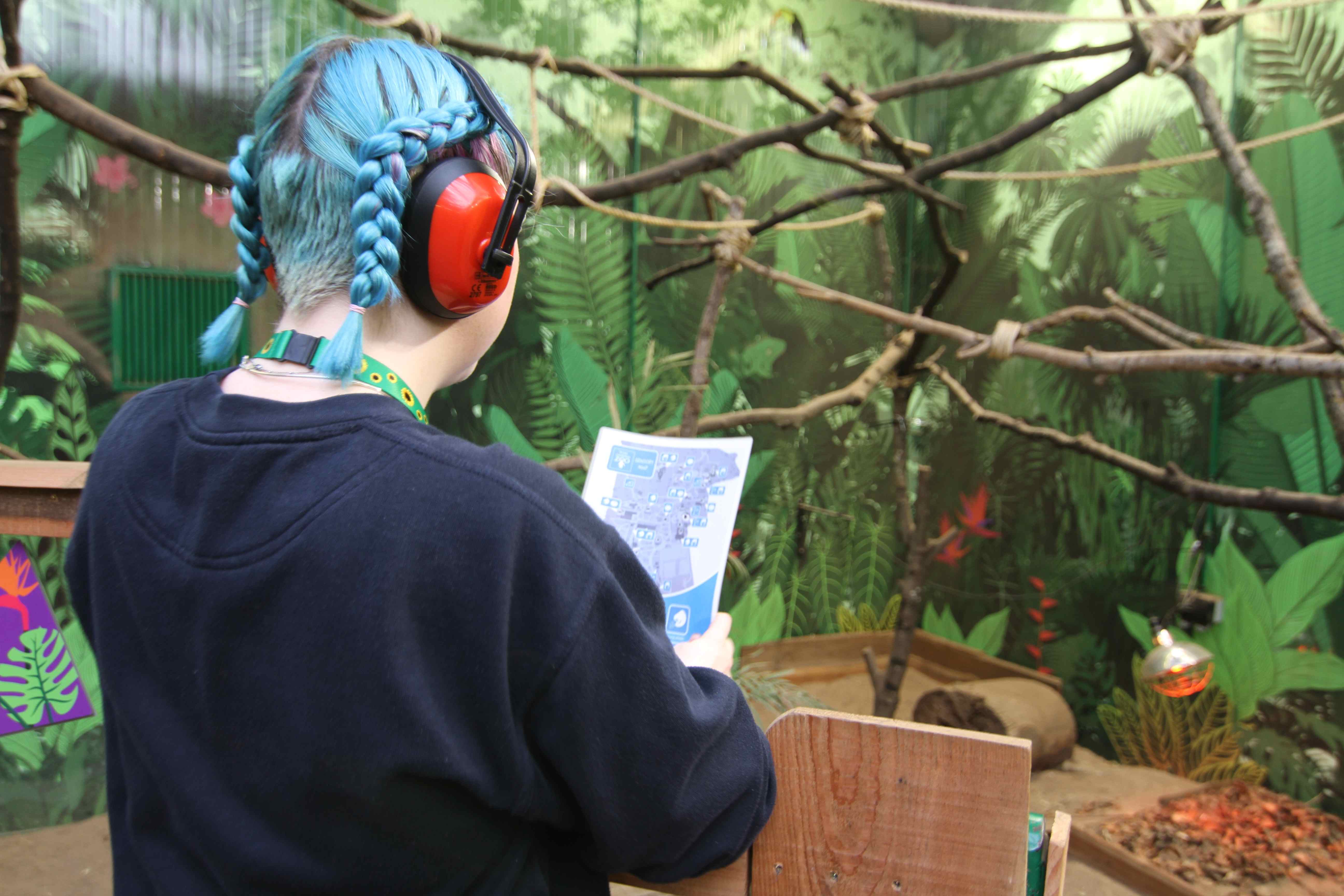 Person with blue hair facing away from camera uses tools from the Edinburgh Zoo sensory bag including ear defenders, sensory map and lanyard

Image: ALLIE MCGREGOR 2023