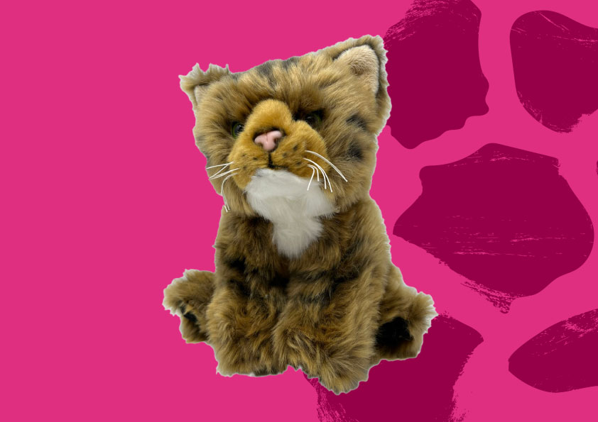 wildcat soft toy on pink background with pattern