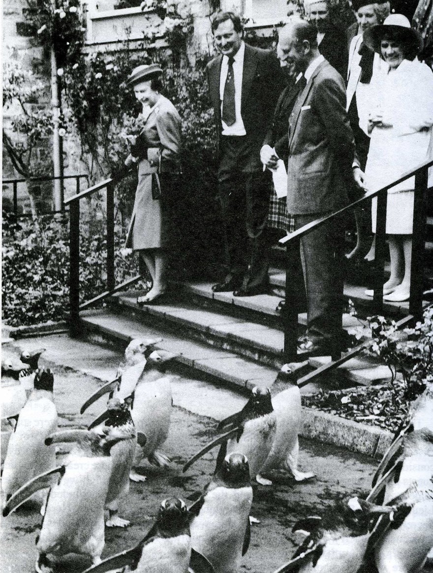 HM The Queen, Queen Elizabeth, visiting Edinburgh Zoo in 1988 with HRH Prince Phillip and Prof Roger Wheater IMAGE: RZSS 1988