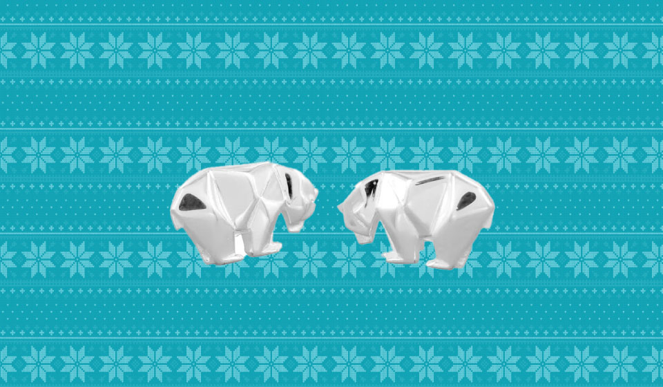 Polar bear earrings with background IMAGE: Gillian Roberts 2024 