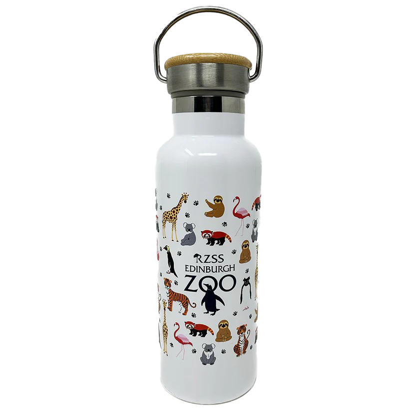 white edinburgh zoo water bottle with colourful animals IMAGE: Retail 2024