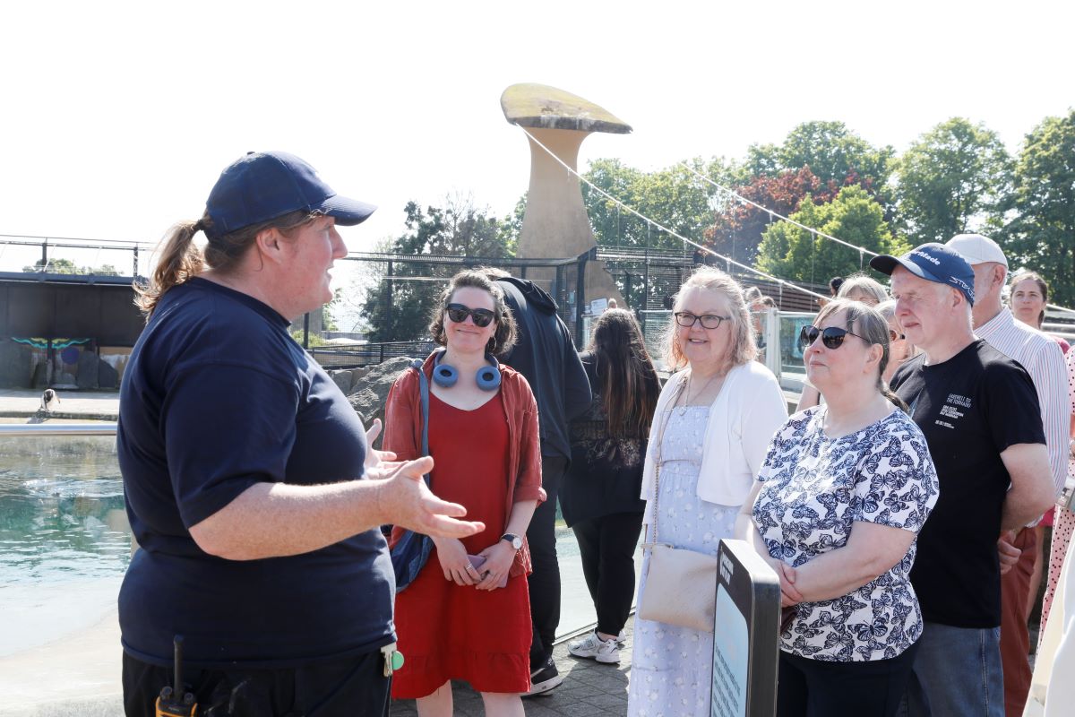 Mark and Sam having a discussion at patrons event at Edinburgh Zoo. IMAGE: RZSS February 2025
