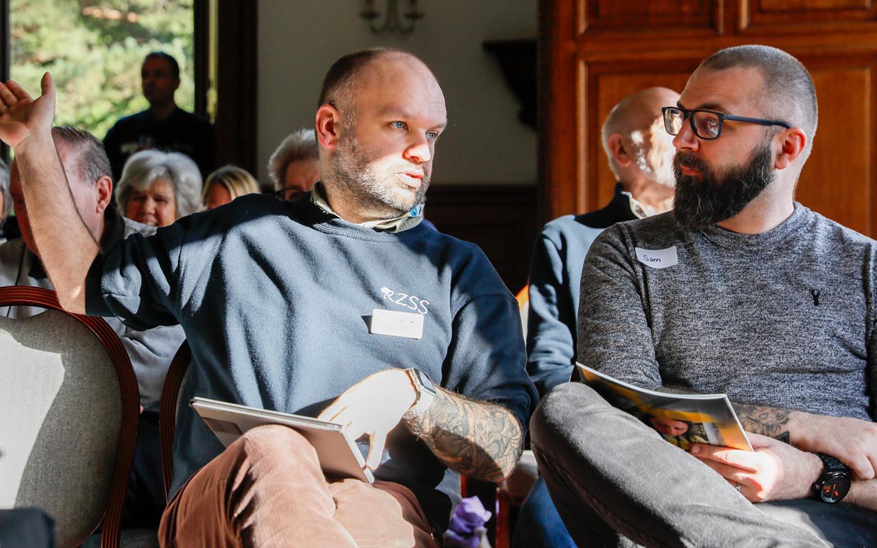 Mark and Sam having a discussion at patrons event at Edinburgh Zoo. IMAGE: RZSS February 2025