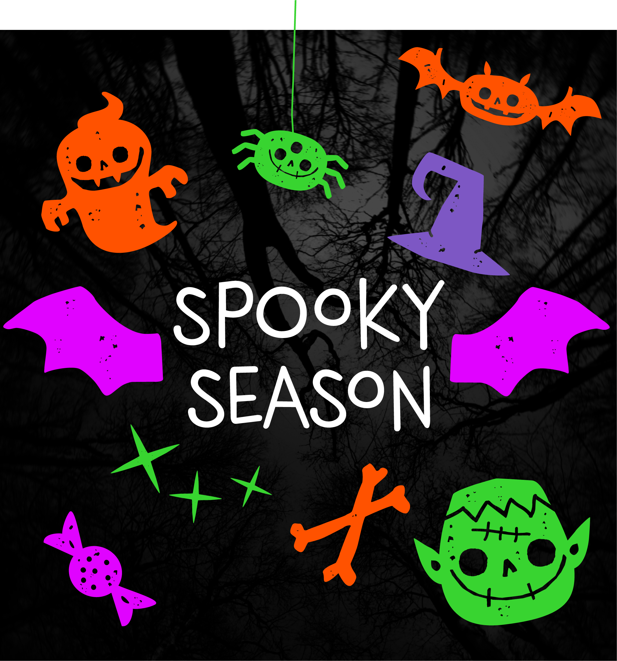 Graphic reading Spooky Season with lots of icons surrounding it including a ghost, some bat wings, a spider and a witch's hat