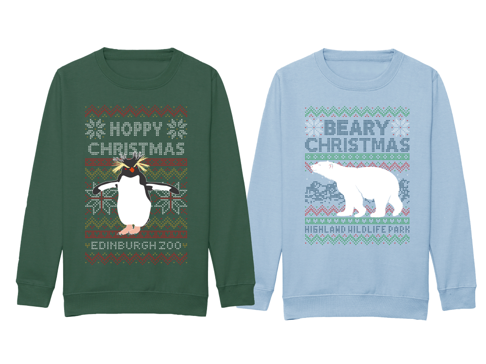 green edinburgh zoo and blue highland wildlife park christmas jumpers